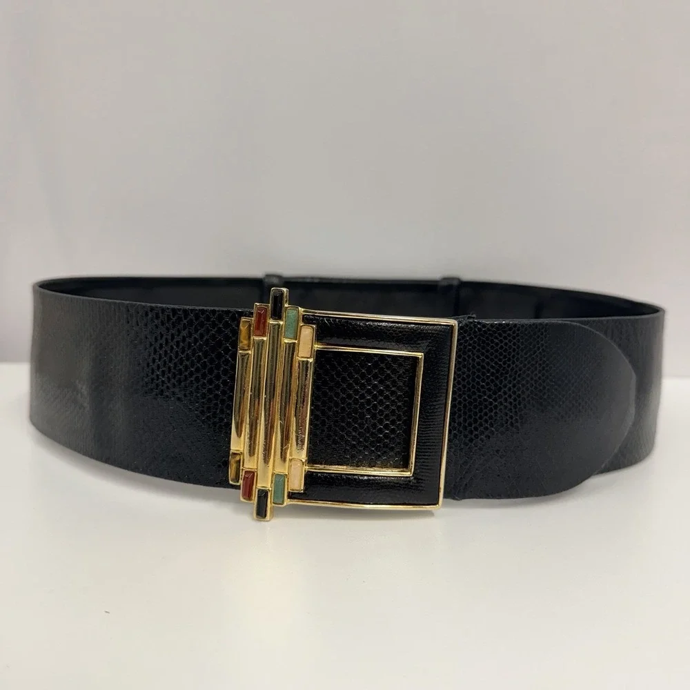 Vintage Judith Leiber Karung Belt Wide Black Multi Gemstone Buckle Adjustable